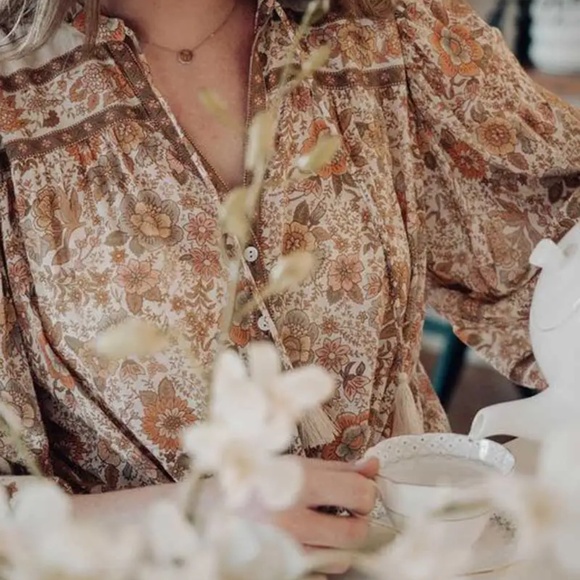Boho Floral Print Button Down Tassel Blouse - Picture 1 of 10